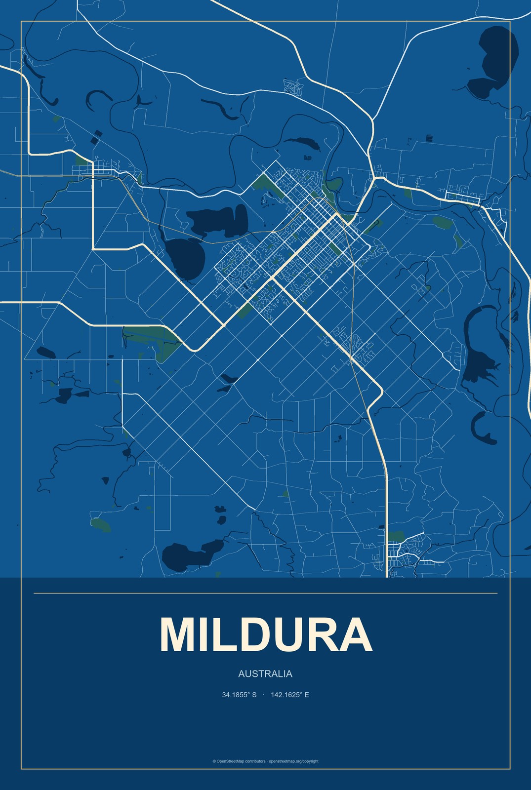 Mildura, Australia City Map Aluminum Sign in Harbor Cobalt style