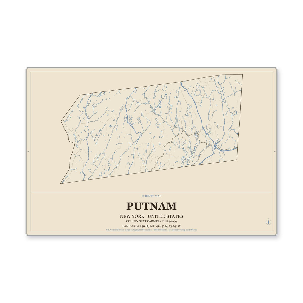 Putnam County, New York Map Aluminum Sign in Heritage Nautical style