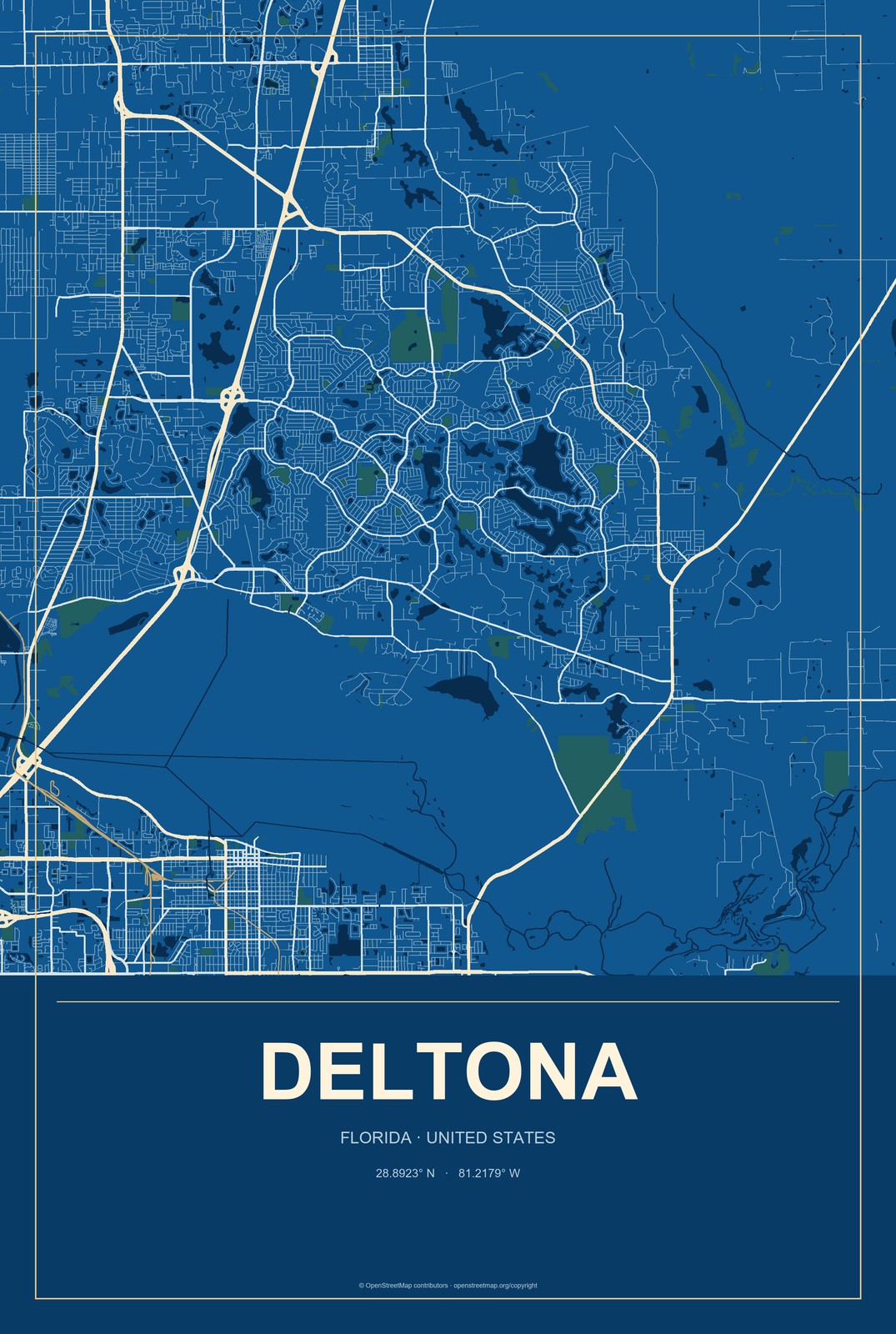 Deltona, Florida City Map Aluminum Sign in Harbor Cobalt style