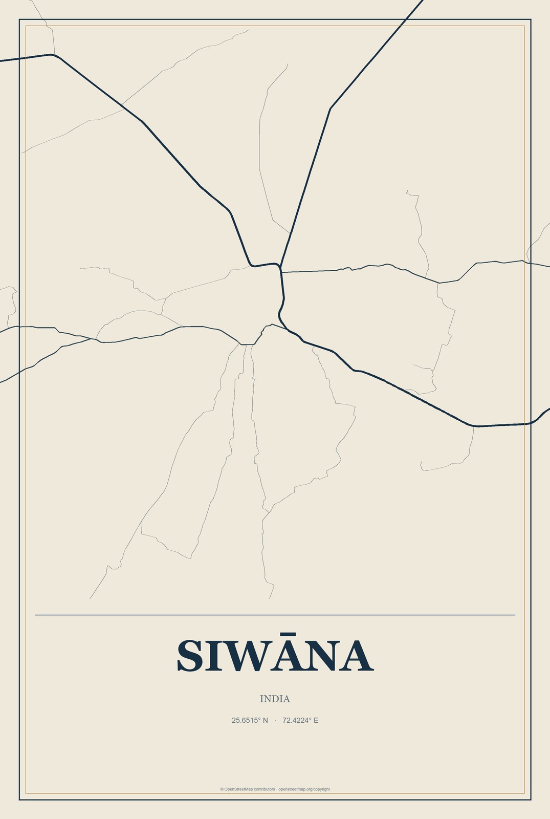 Siwāna, India City Map Aluminum Sign in Coastal Cutout style