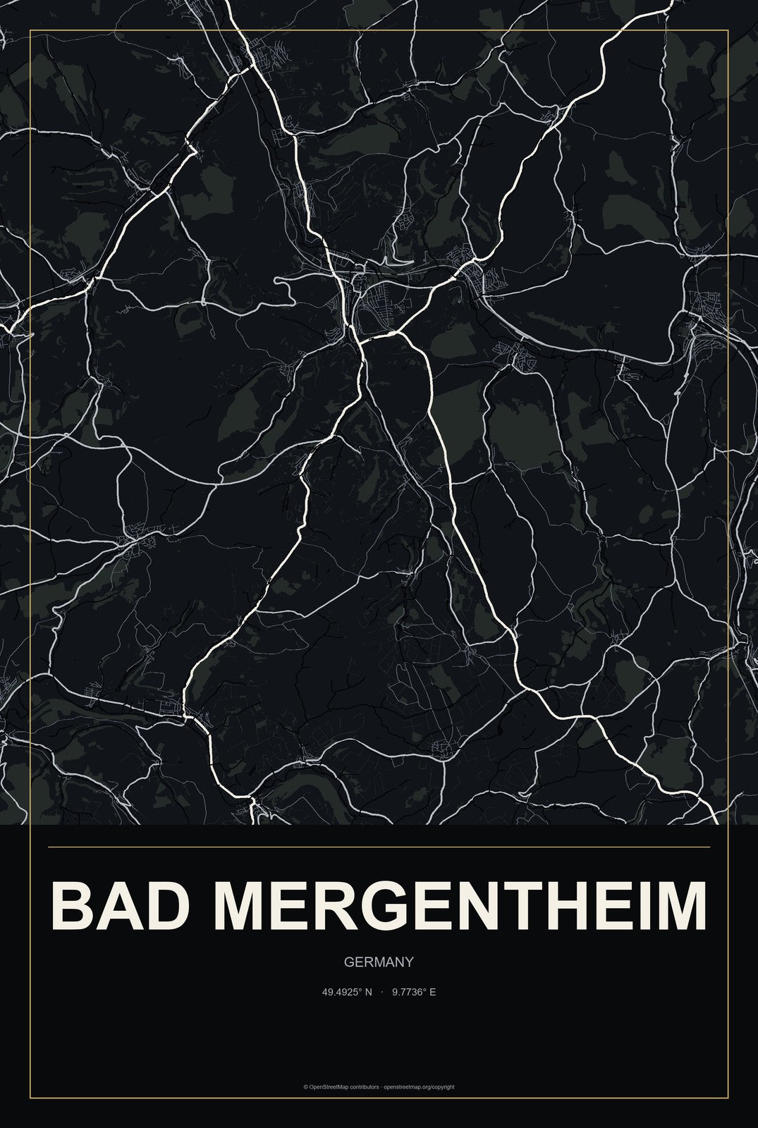 Bad Mergentheim, Germany City Map Aluminum Sign in Metropolitan Noir style