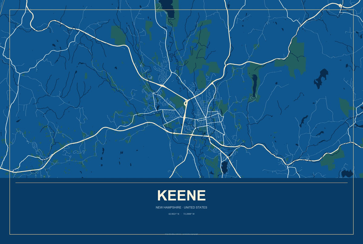 Keene, New Hampshire City Map Aluminum Sign in Harbor Cobalt style