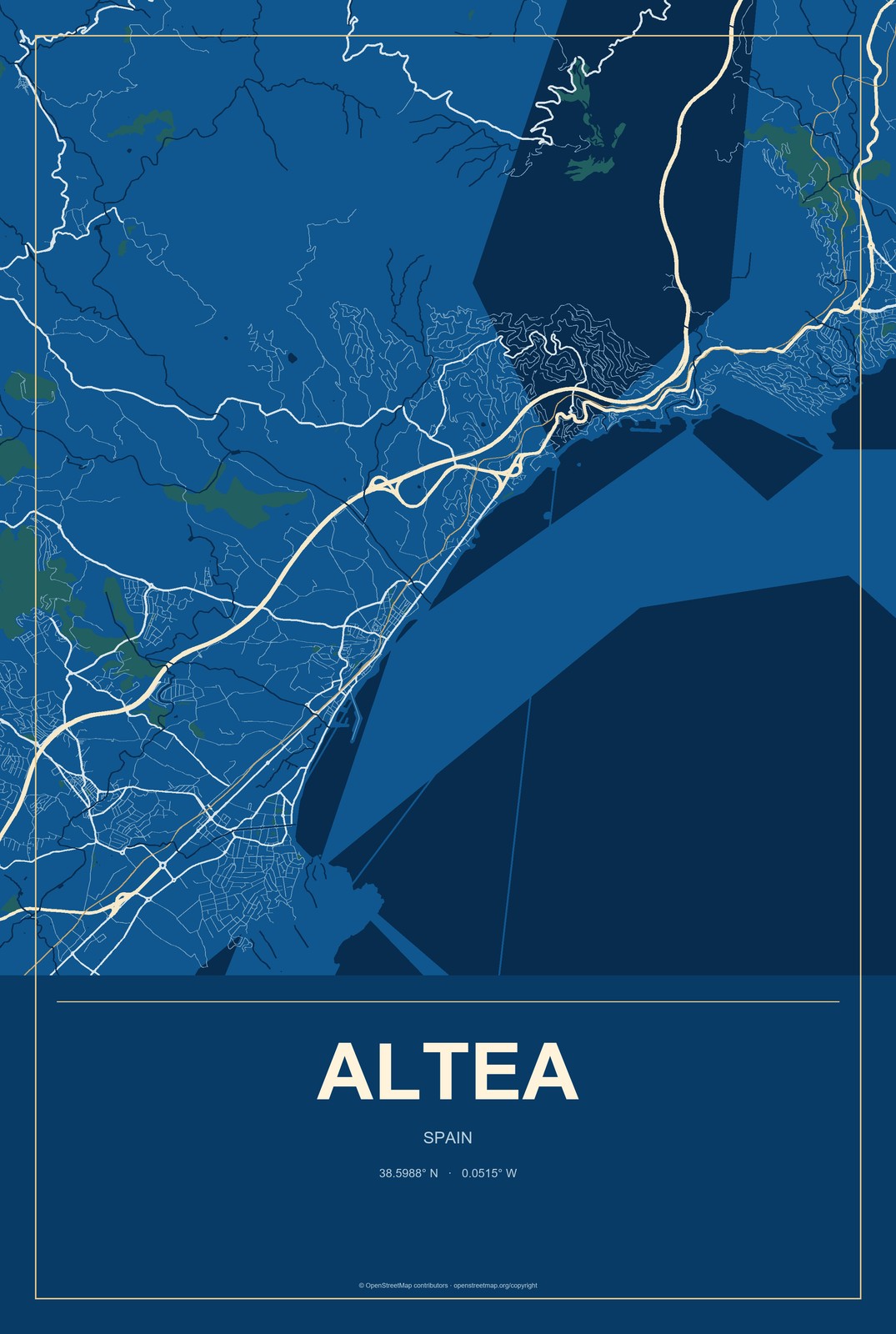 Altea, Spain City Map Aluminum Sign in Harbor Cobalt style