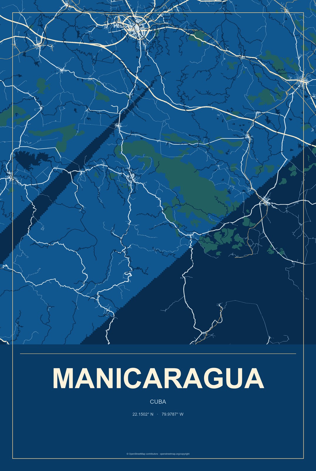 Manicaragua, Cuba City Map Aluminum Sign in Harbor Cobalt style