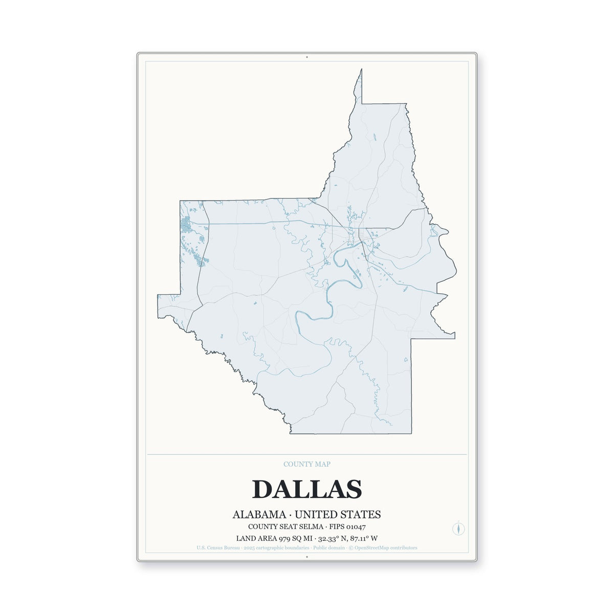 Dallas County, Alabama Map Aluminum Sign in Gallery Air style
