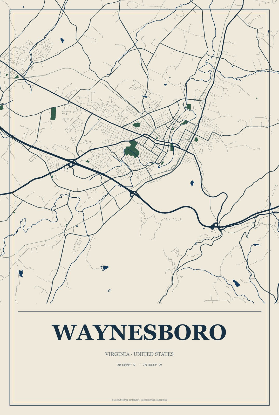 Waynesboro, Virginia City Map Aluminum Sign in Coastal Cutout style
