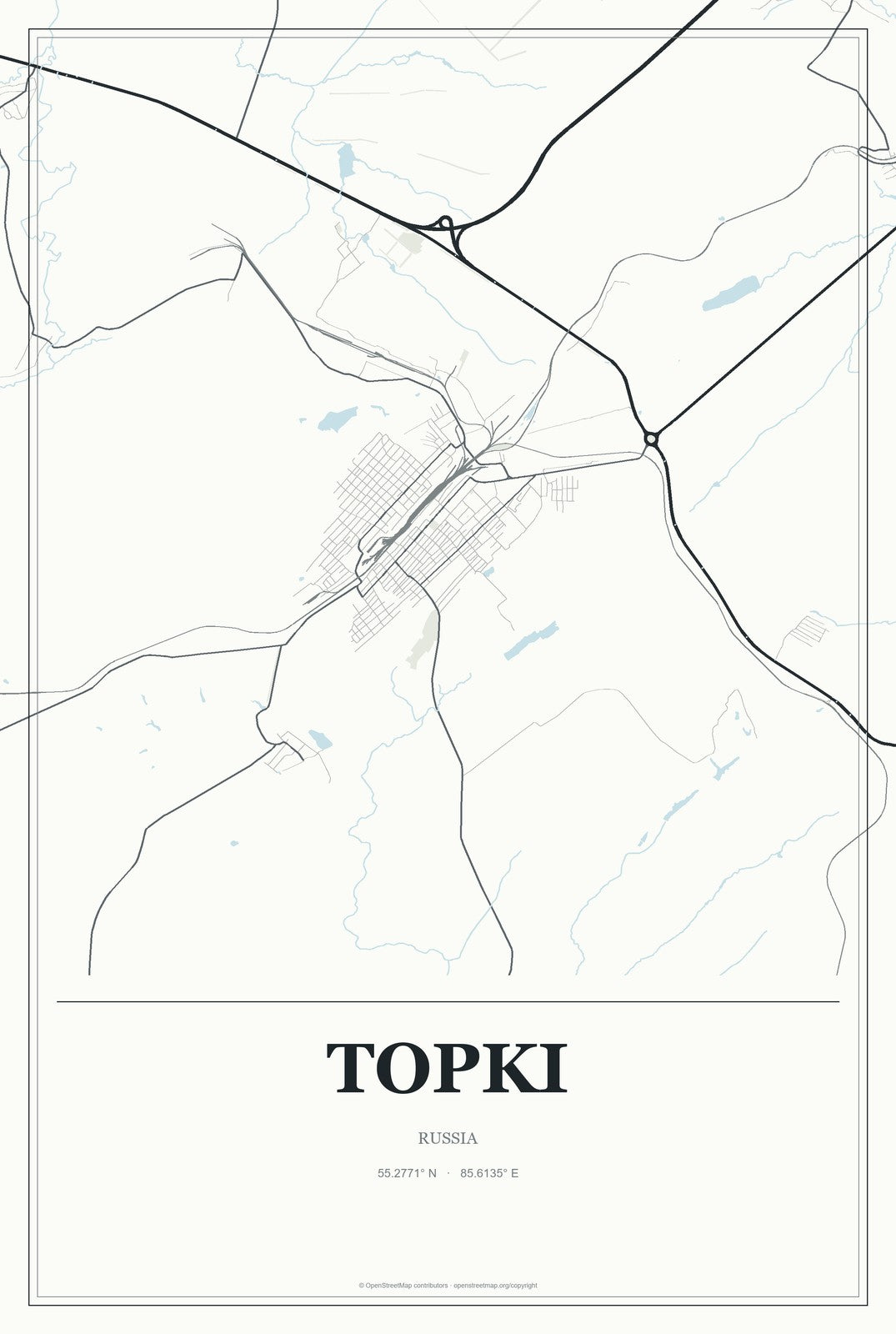 Topki, Russia City Map Aluminum Sign in Gallery Air style