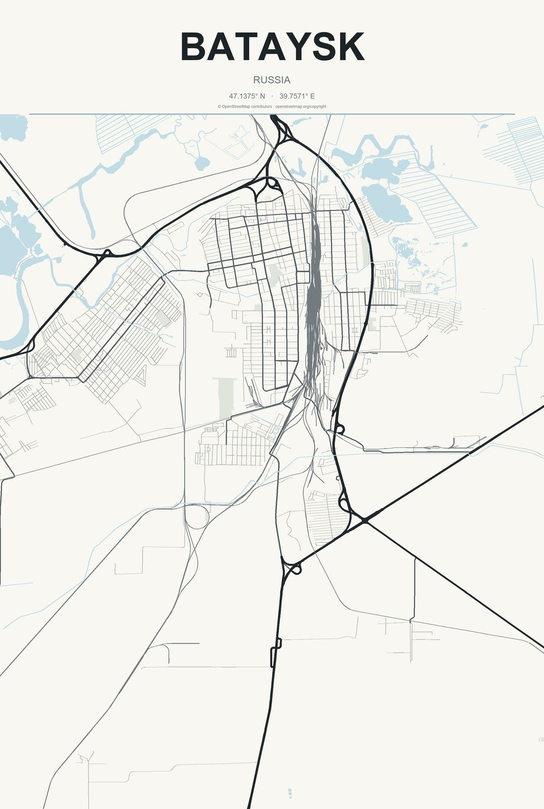 Bataysk, Russia City Map Aluminum Sign in Headline Atlas style