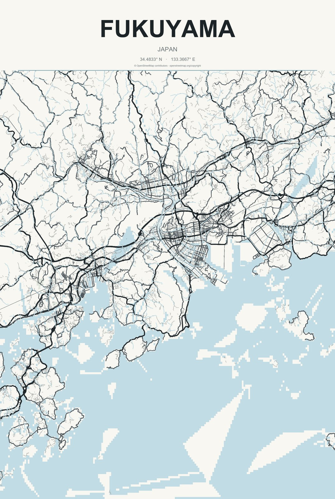Fukuyama, Japan City Map Aluminum Sign in Headline Atlas style