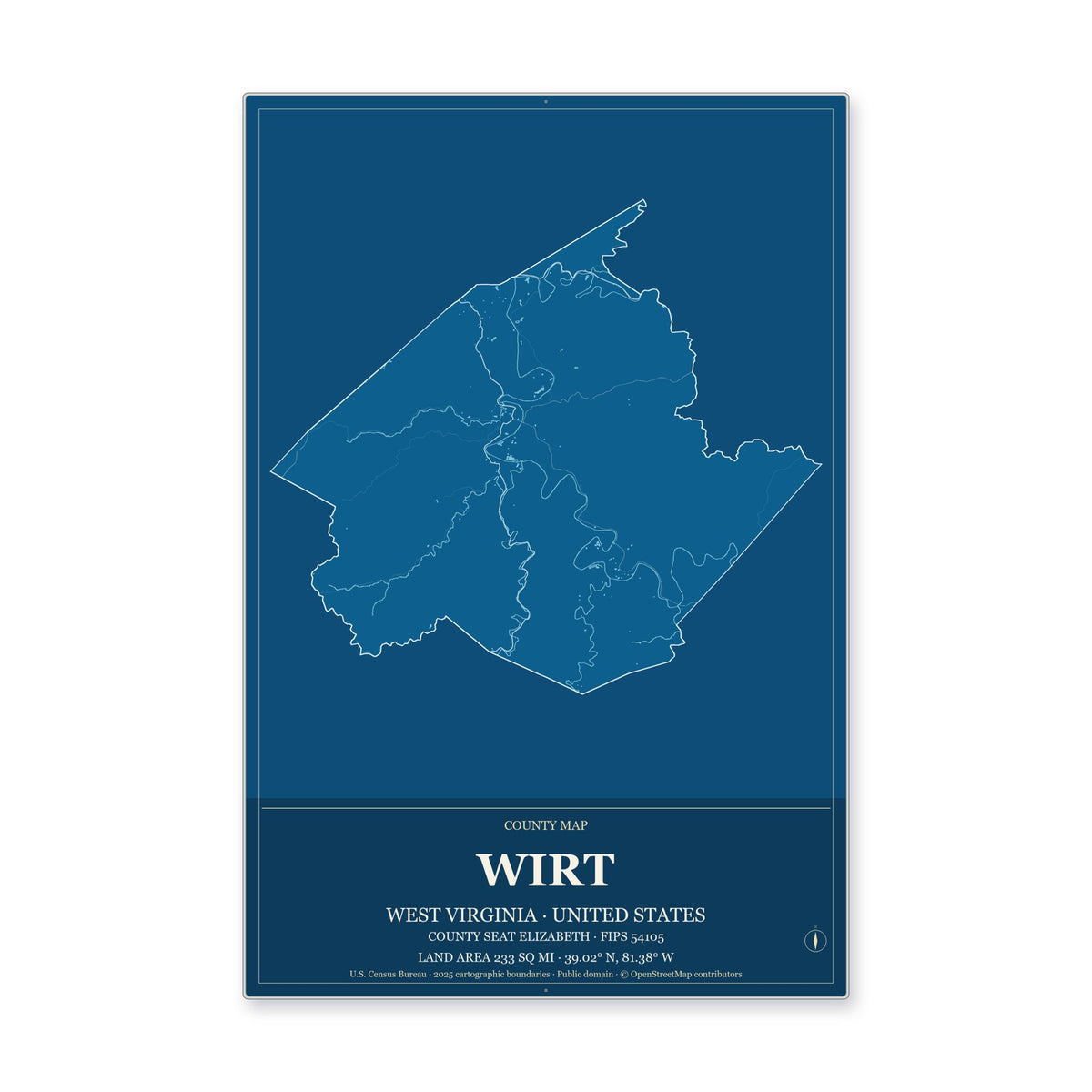 Wirt County, West Virginia Map Aluminum Sign in Harbor Cobalt style