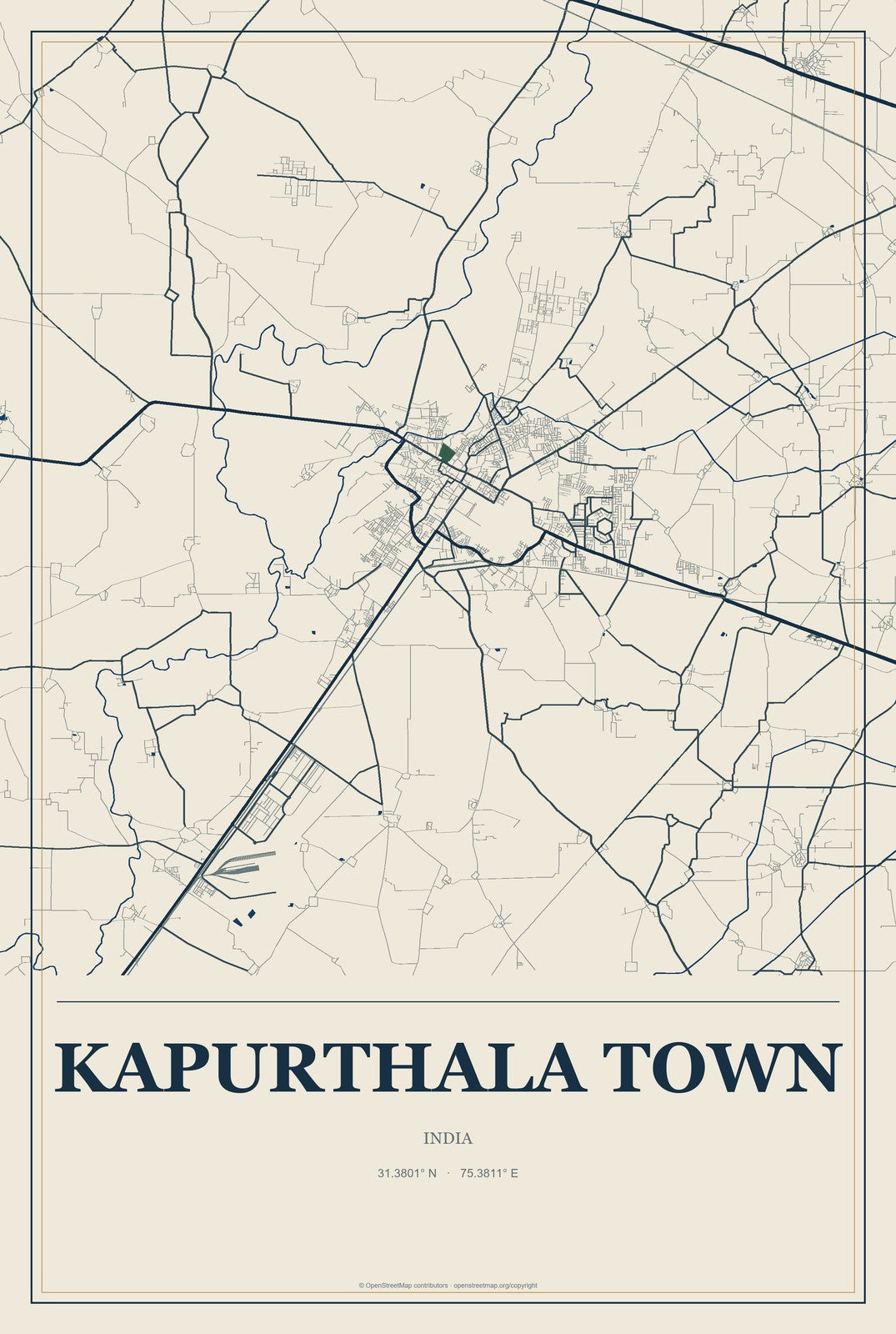 Kapurthala Town, India City Map Aluminum Sign in Coastal Cutout style