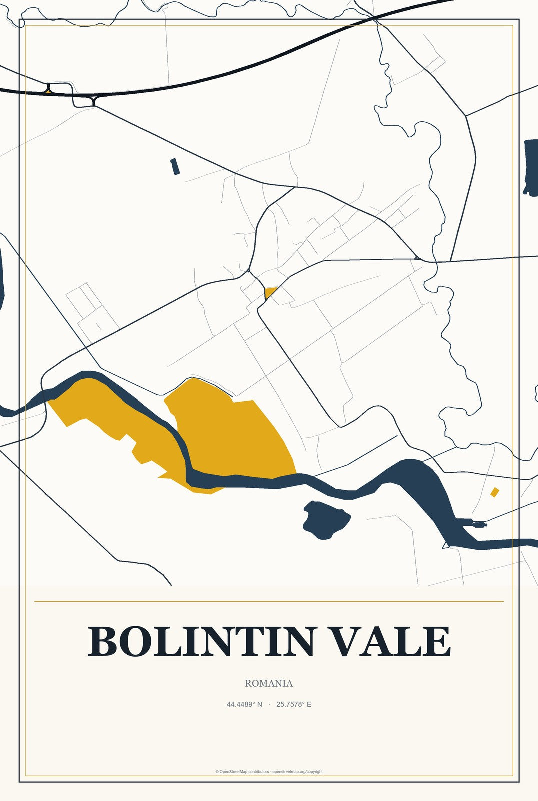 Bolintin Vale, Romania City Map Aluminum Sign in Citrine Modern style