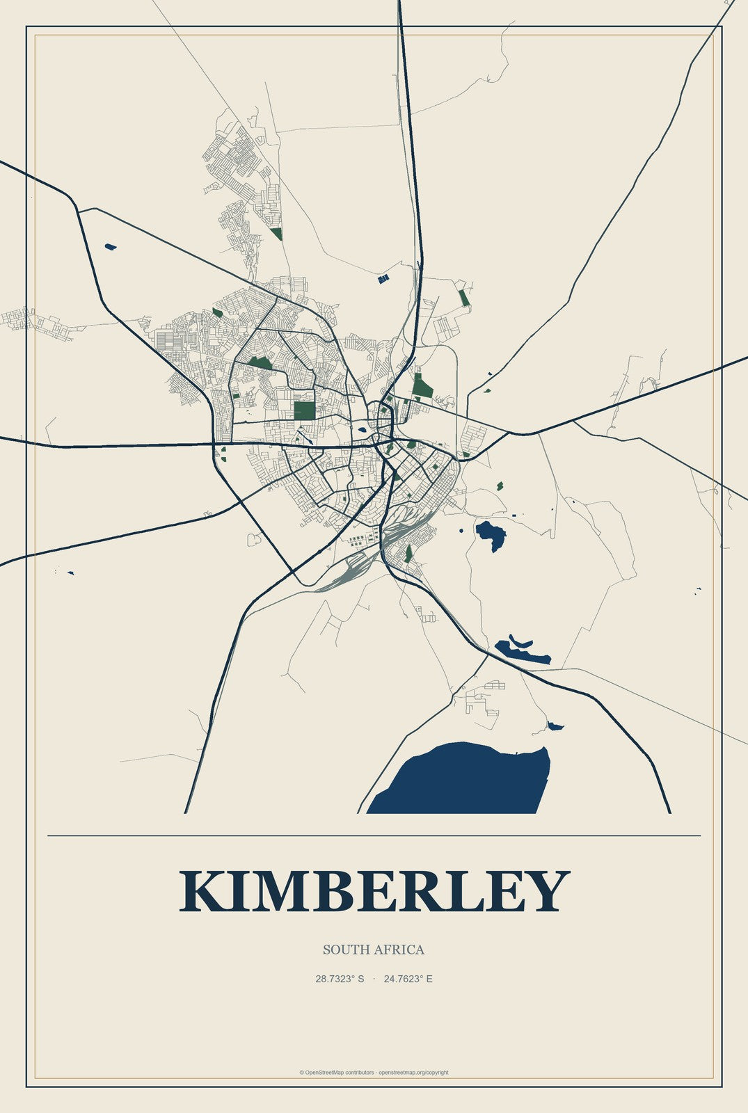 Kimberley, South Africa City Map Aluminum Sign in Coastal Cutout style