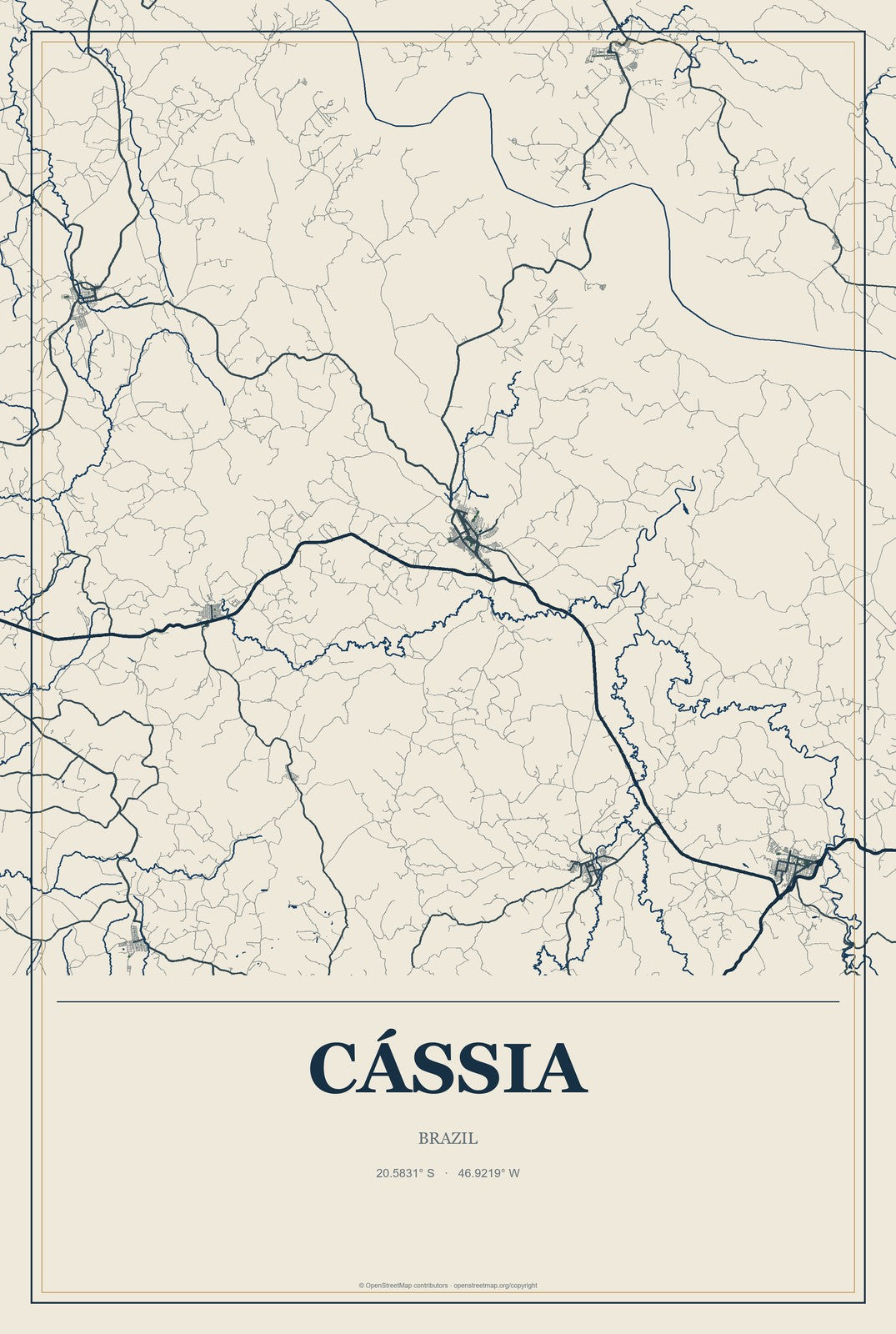 Cássia, Brazil City Map Aluminum Sign in Coastal Cutout style