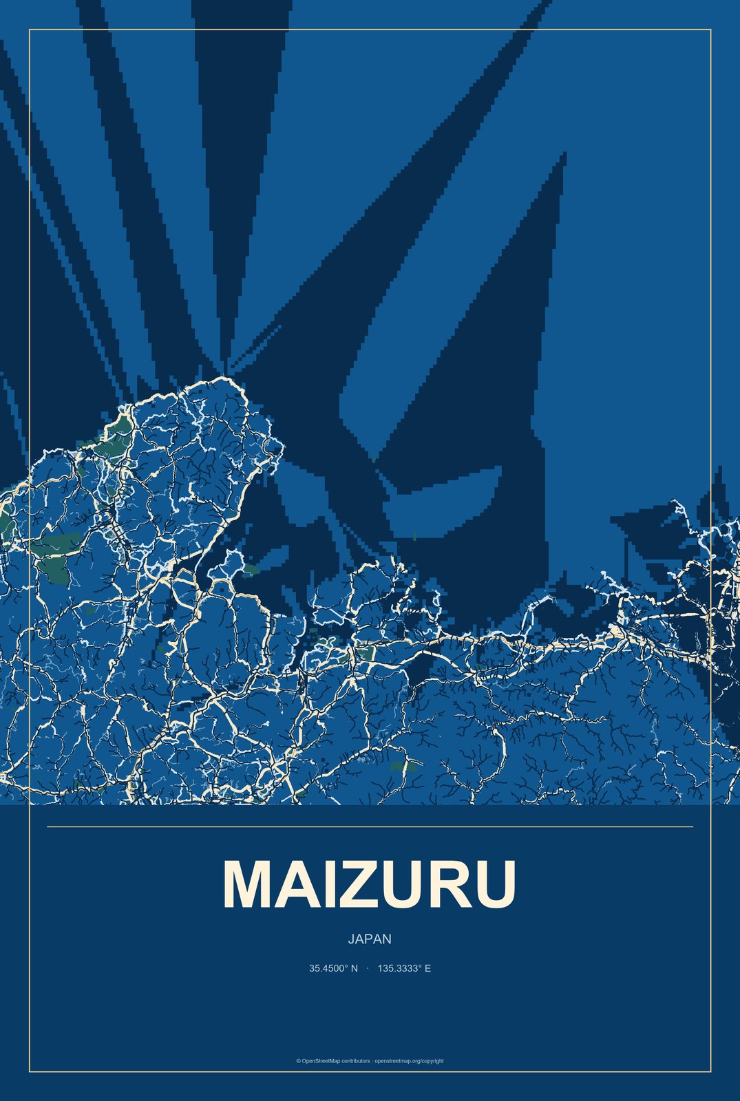 Maizuru, Japan City Map Aluminum Sign in Harbor Cobalt style