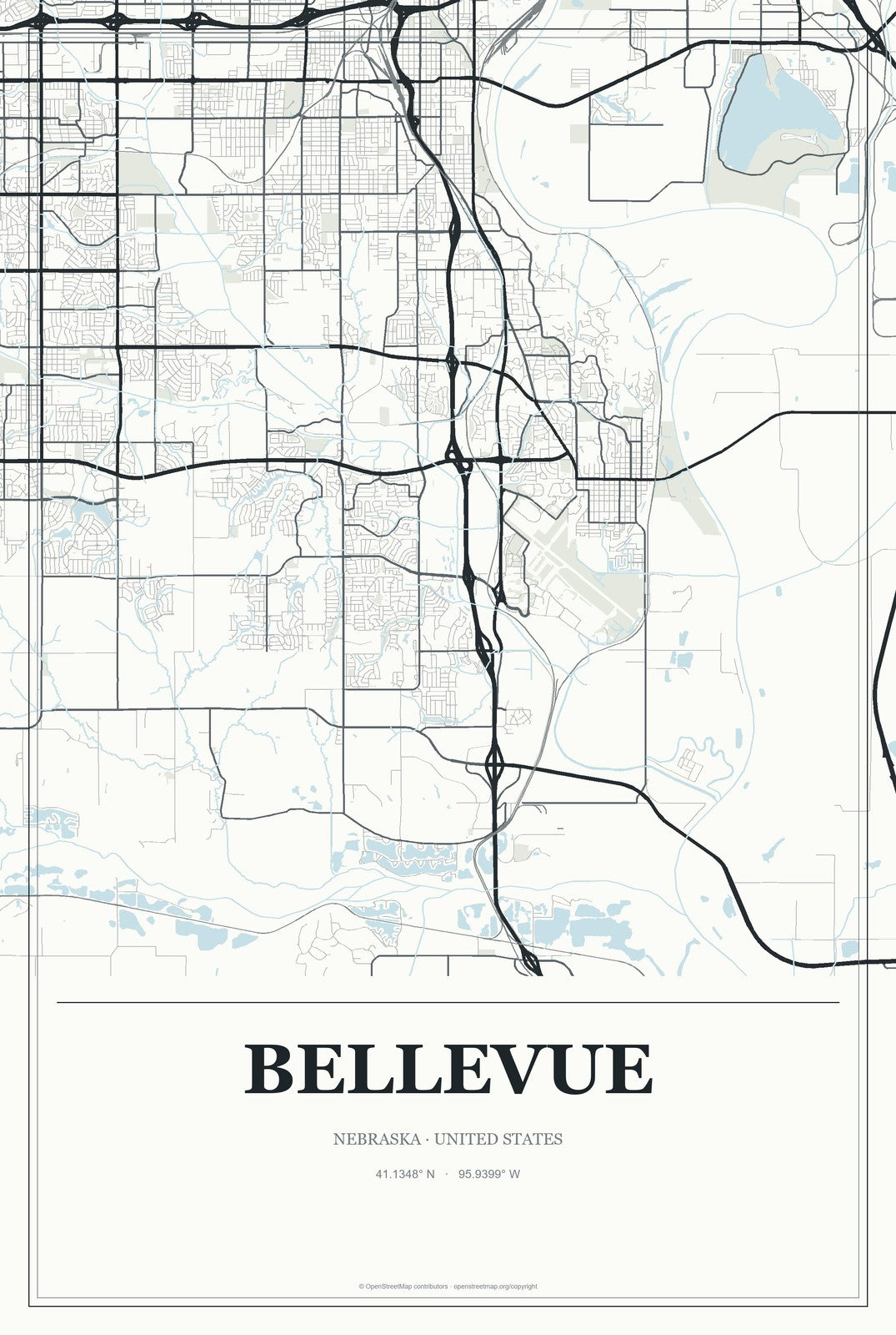 Bellevue, Nebraska City Map Aluminum Sign in Gallery Air style