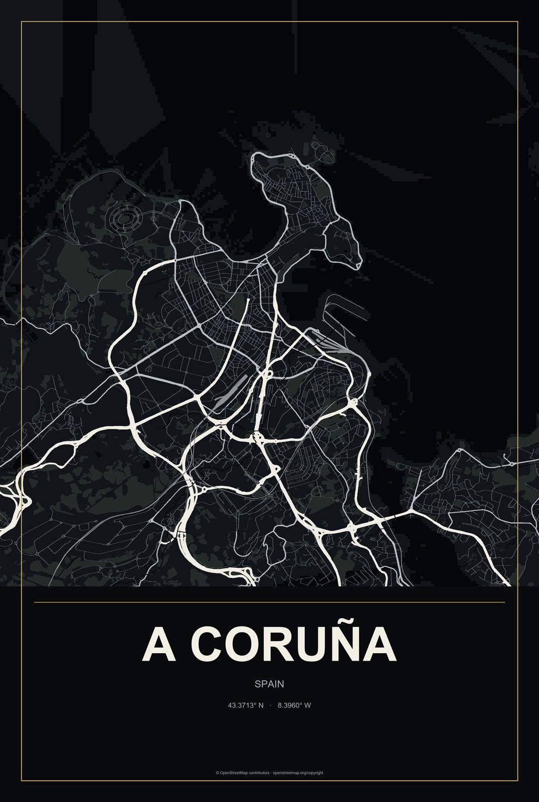 A Coruña, Spain City Map Aluminum Sign in Metropolitan Noir style
