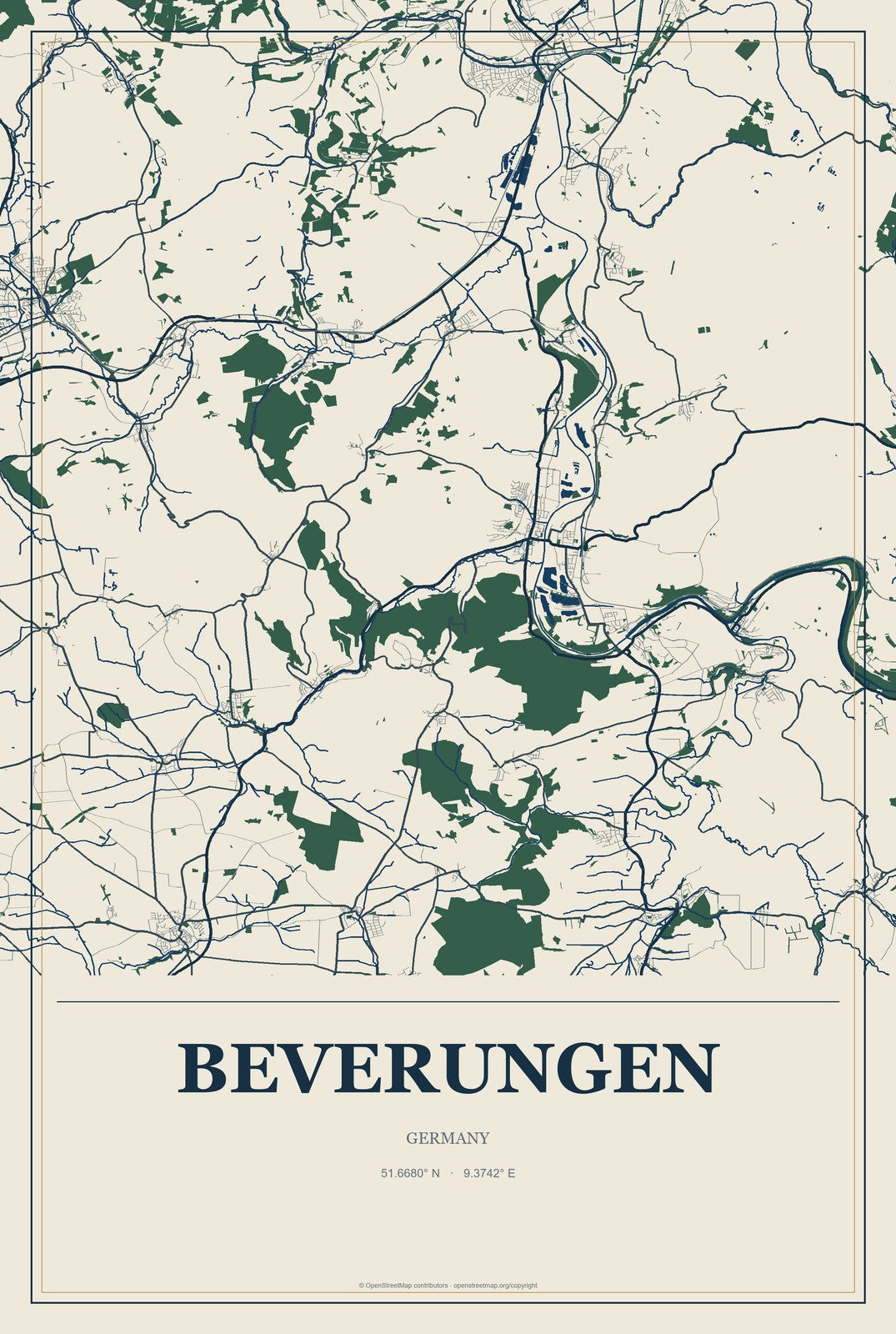 Beverungen, Germany City Map Aluminum Sign in Coastal Cutout style