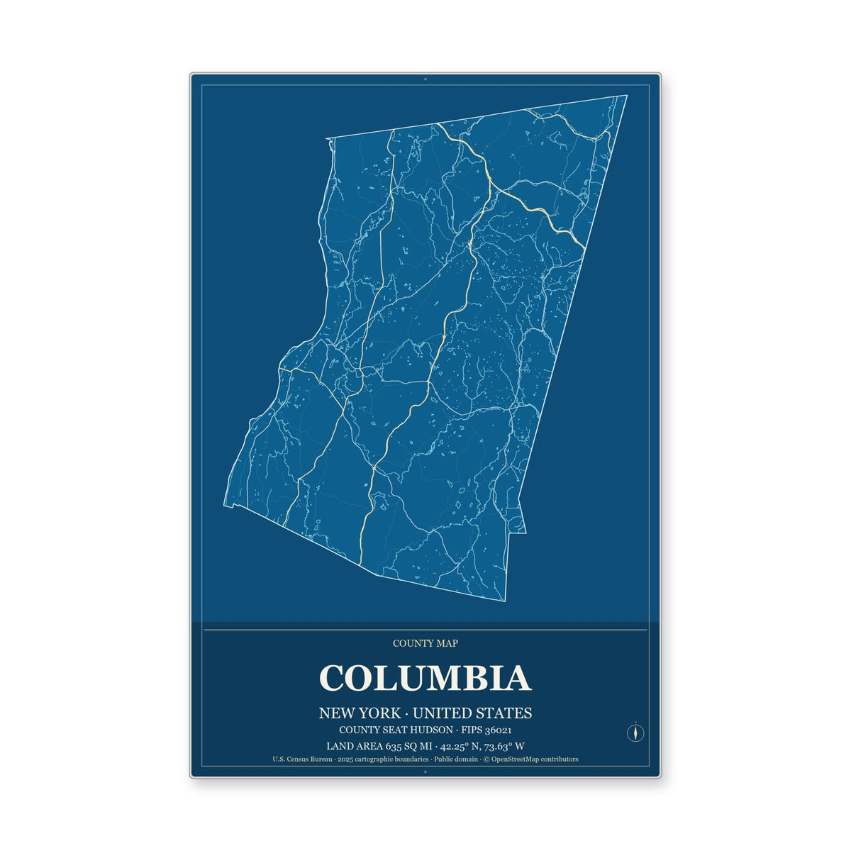 Columbia County, New York Map Aluminum Sign in Harbor Cobalt style