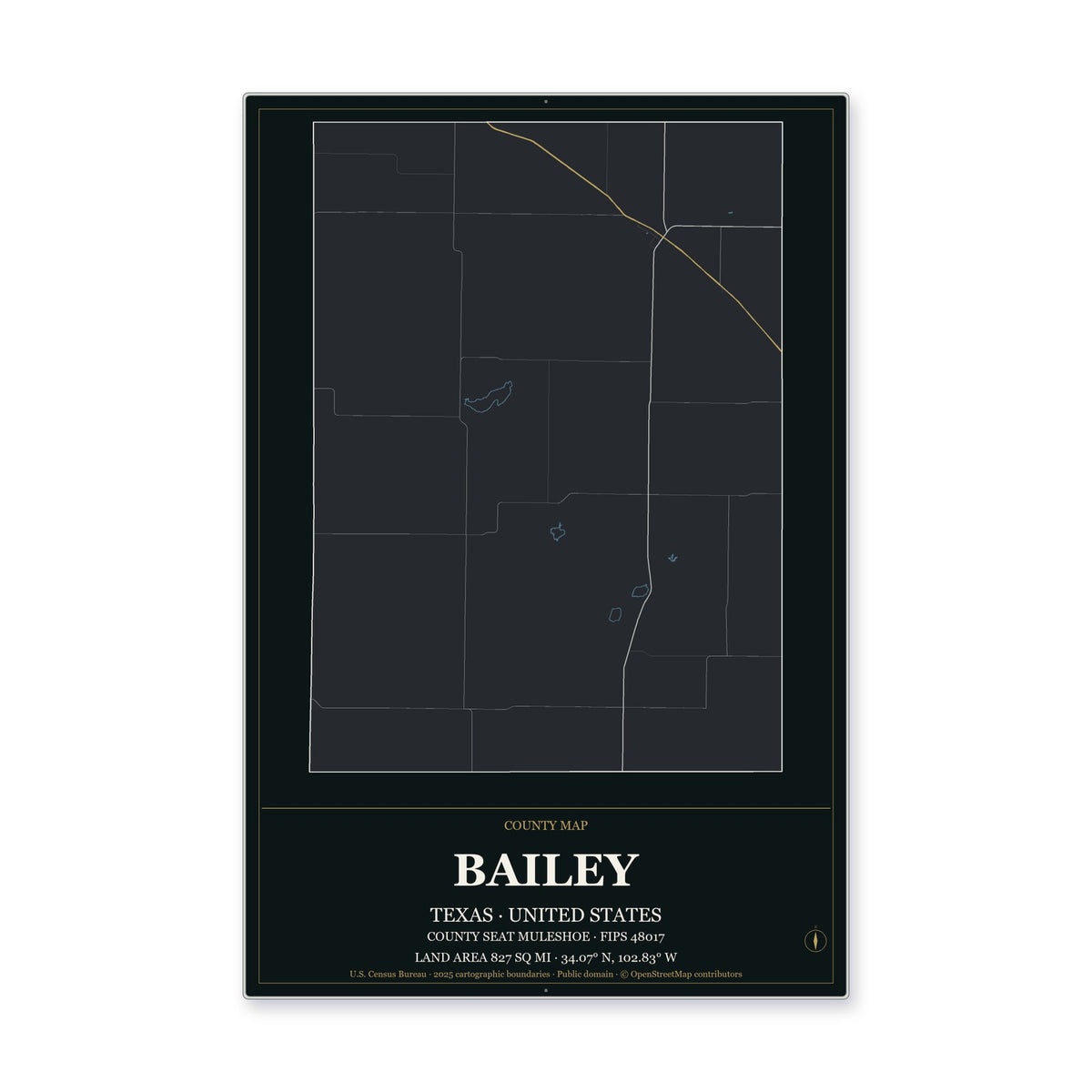 Bailey County, Texas Map Aluminum Sign in Metropolitan Noir style