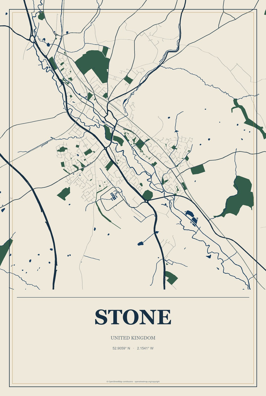 Stone, United Kingdom City Map Aluminum Sign in Coastal Cutout style