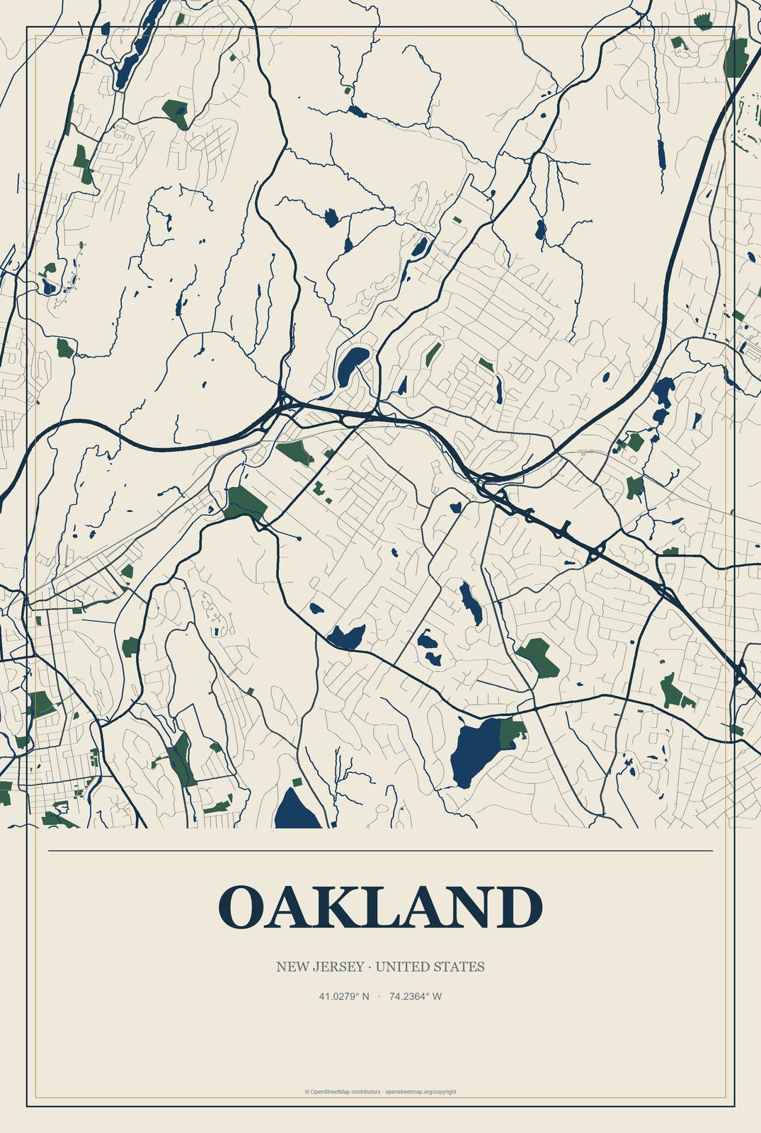 Oakland, New Jersey City Map Aluminum Sign in Coastal Cutout style