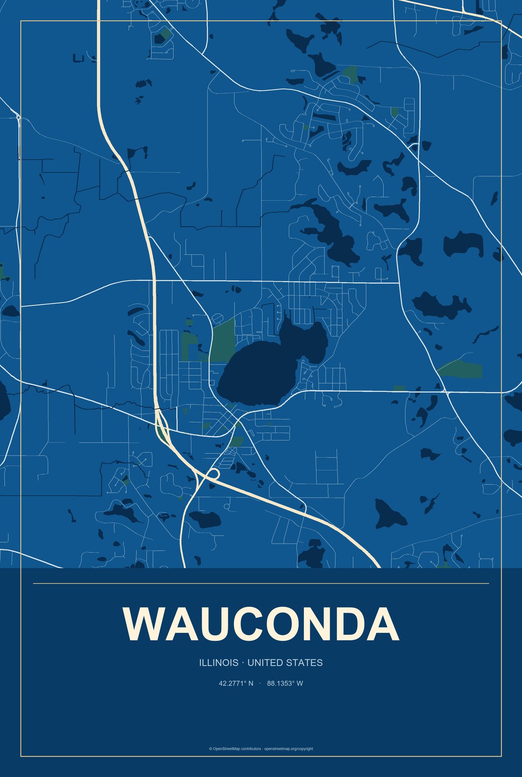 Wauconda, Illinois City Map Aluminum Sign in Harbor Cobalt style