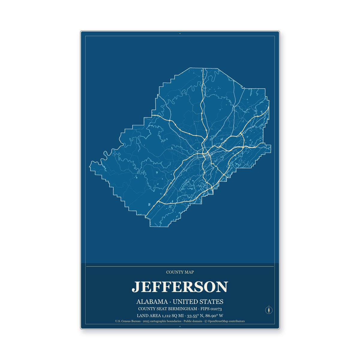 Jefferson County, Alabama Map Aluminum Sign in Harbor Cobalt style