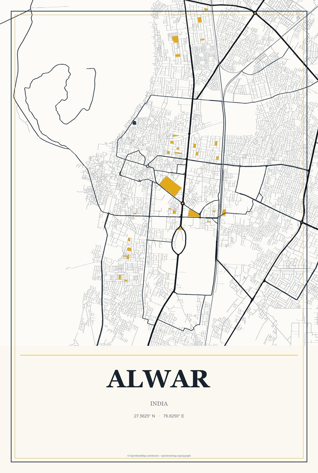 Alwar, India City Map Aluminum Sign in Citrine Modern style