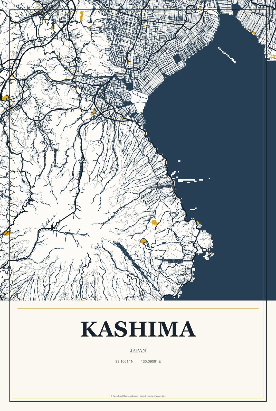 Kashima, Japan City Map Aluminum Sign in Citrine Modern style
