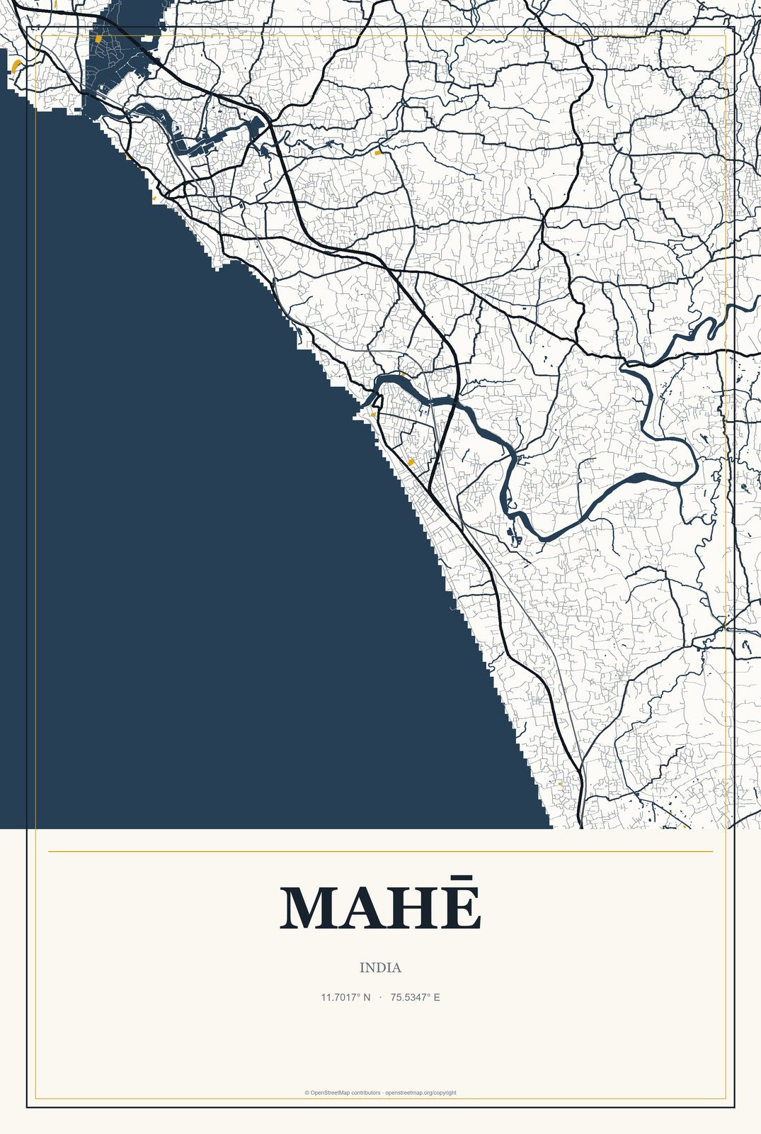 Mahē, India City Map Aluminum Sign in Citrine Modern style