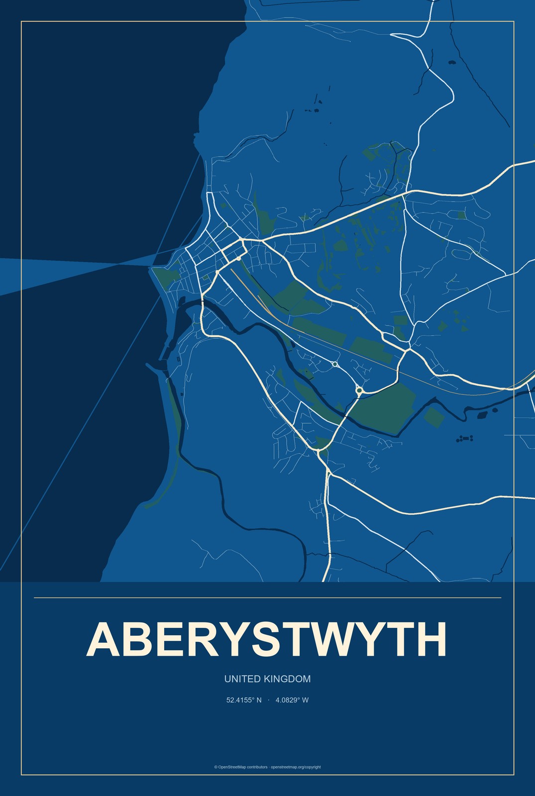 Aberystwyth, United Kingdom City Map Aluminum Sign in Harbor Cobalt style