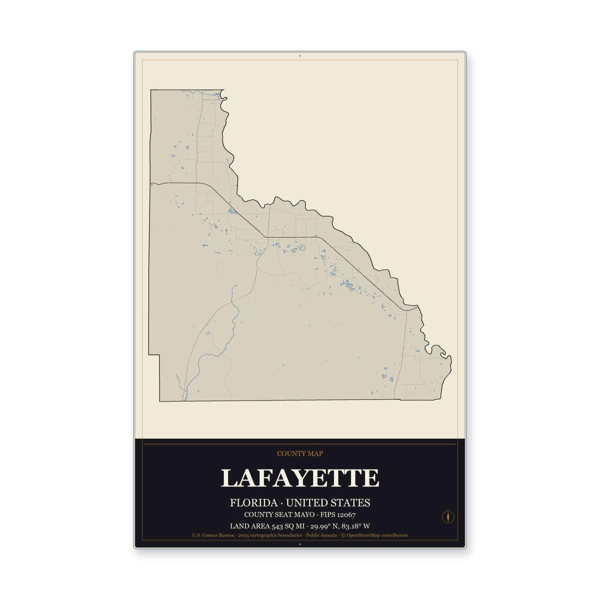 Lafayette County, Florida Map Aluminum Sign in Museum Plaque style