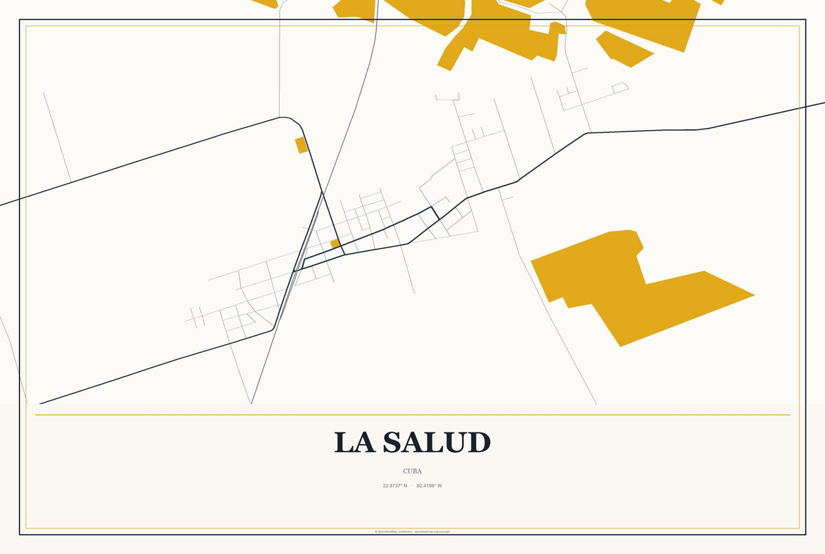 La Salud, Cuba City Map Aluminum Sign in Citrine Modern style