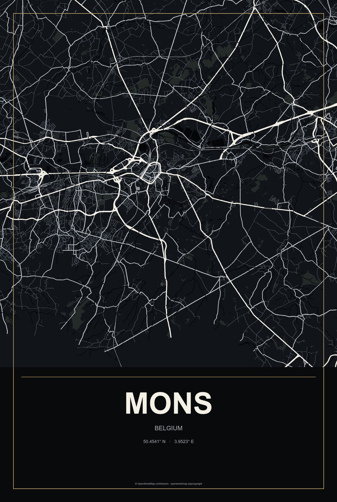 Mons, Belgium City Map Aluminum Sign in Metropolitan Noir style