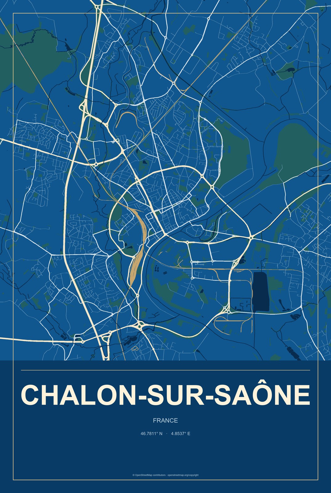 Chalon-sur-Saône, France City Map Aluminum Sign in Harbor Cobalt style