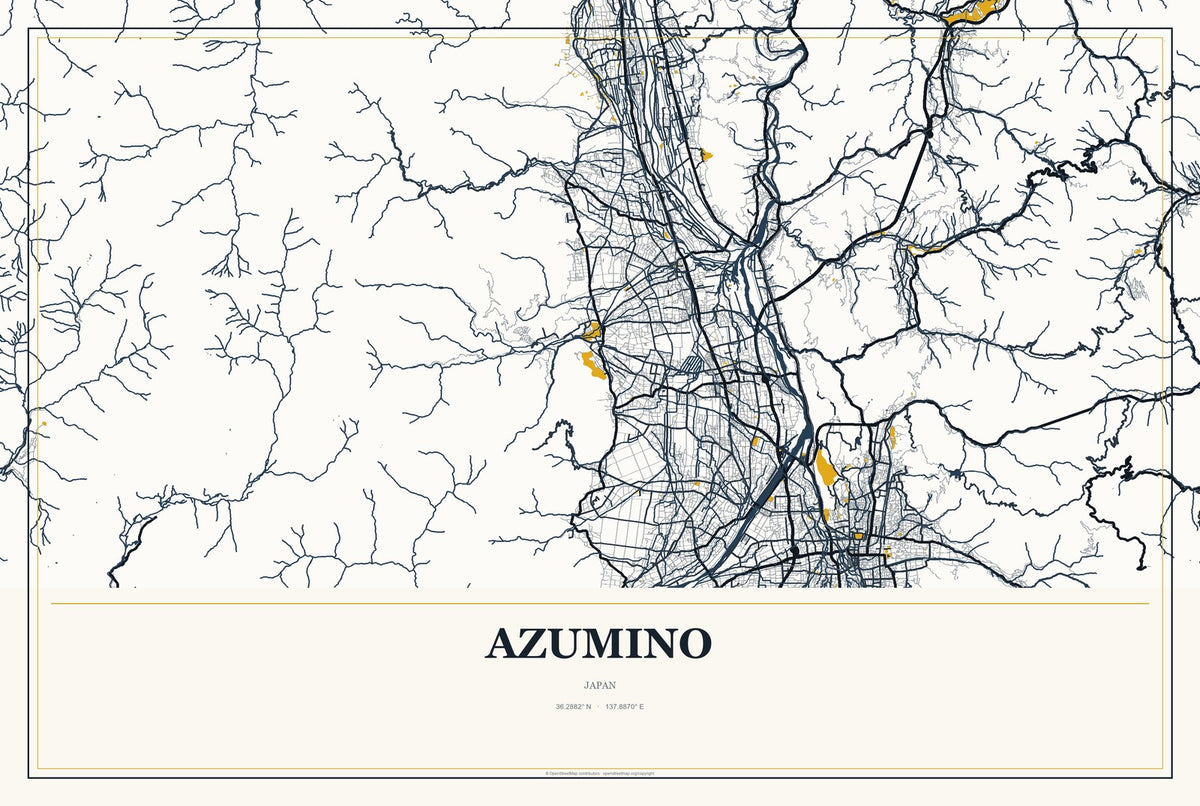 Azumino, Japan City Map Aluminum Sign in Citrine Modern style