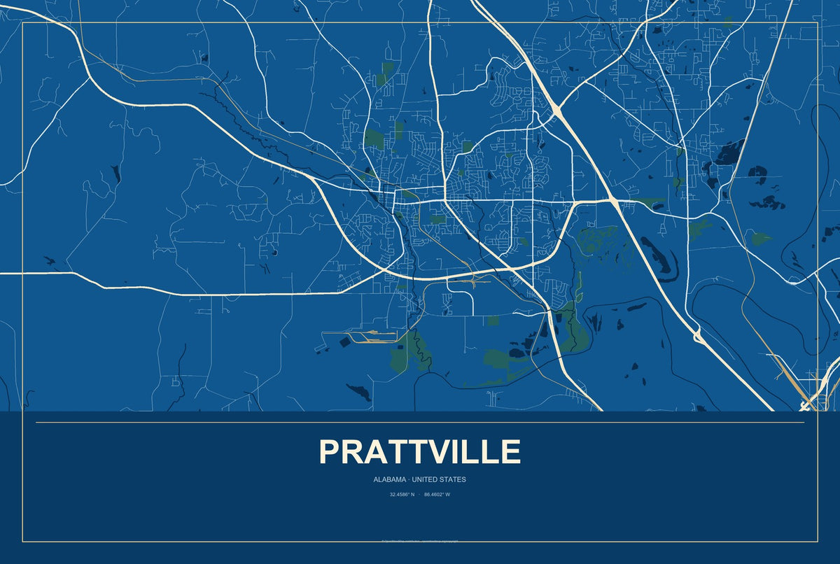 Prattville, Alabama City Map Aluminum Sign in Harbor Cobalt style
