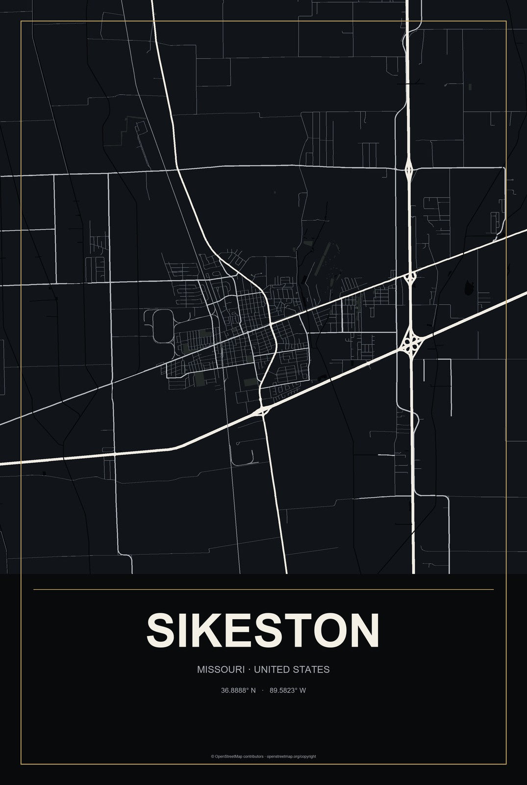 Sikeston, Missouri City Map Aluminum Sign in Metropolitan Noir style