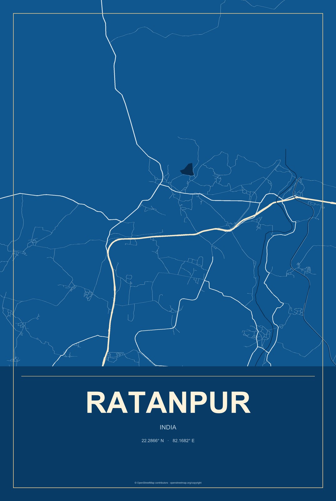 Ratanpur, India City Map Aluminum Sign in Harbor Cobalt style