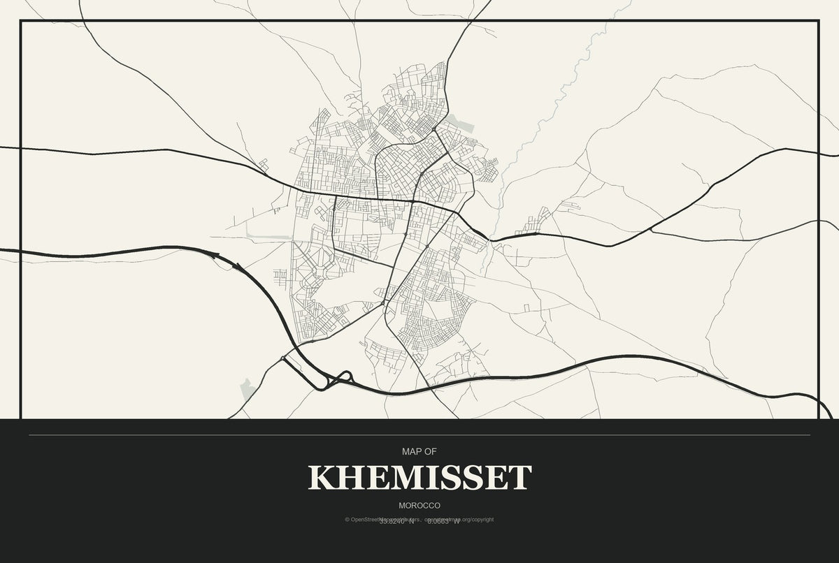 Khemisset, Morocco City Map Aluminum Sign in Museum Plaque style