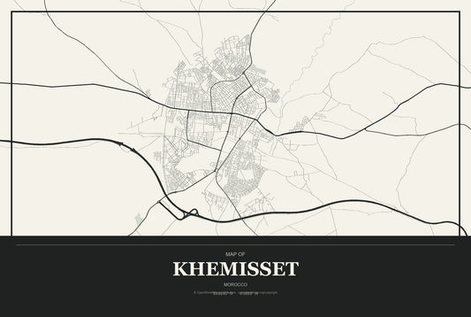 Khemisset, Morocco City Map Aluminum Sign in Museum Plaque style