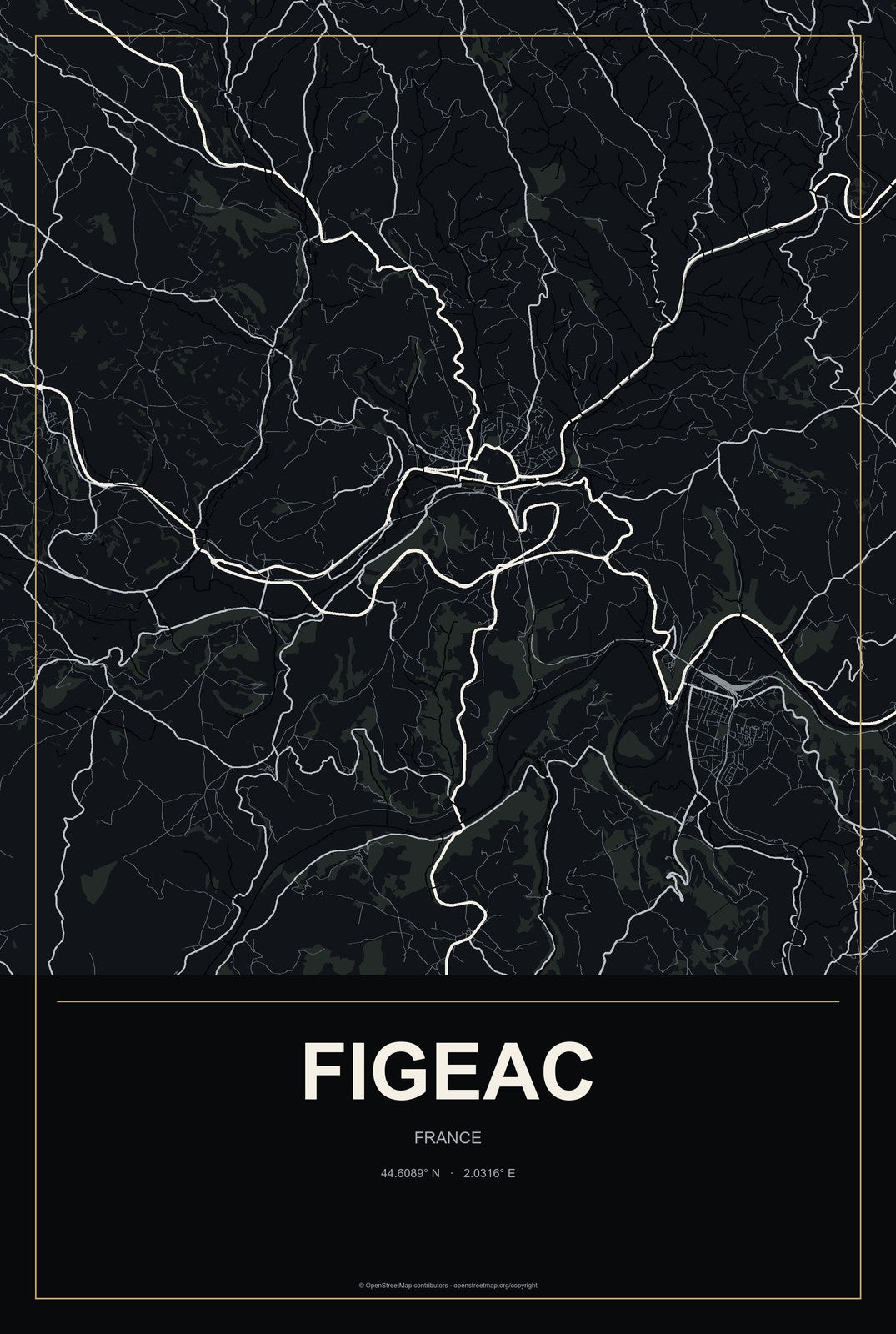Figeac, France City Map Aluminum Sign in Metropolitan Noir style