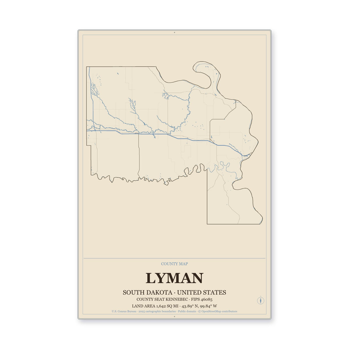 Lyman County, South Dakota Map Aluminum Sign in Heritage Nautical style