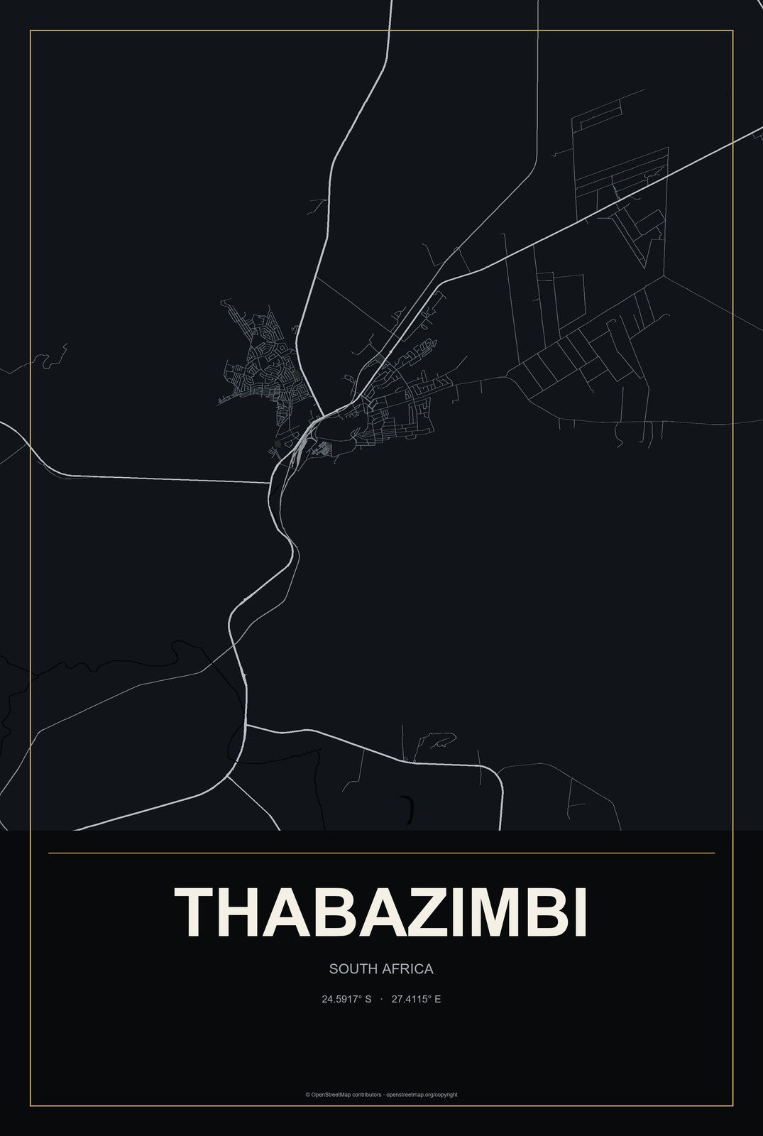 Thabazimbi, South Africa City Map Aluminum Sign in Metropolitan Noir style