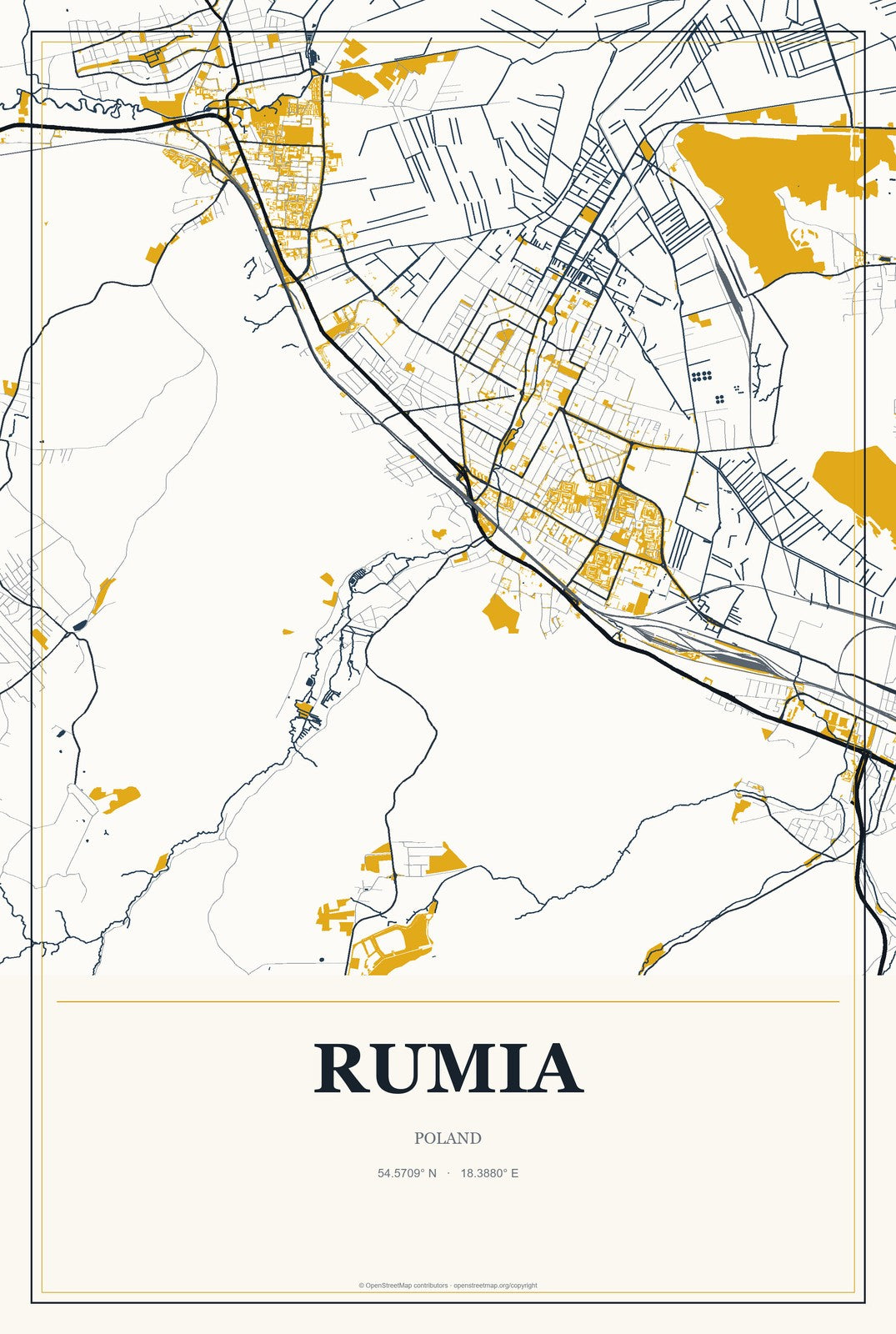 Rumia, Poland City Map Aluminum Sign in Citrine Modern style