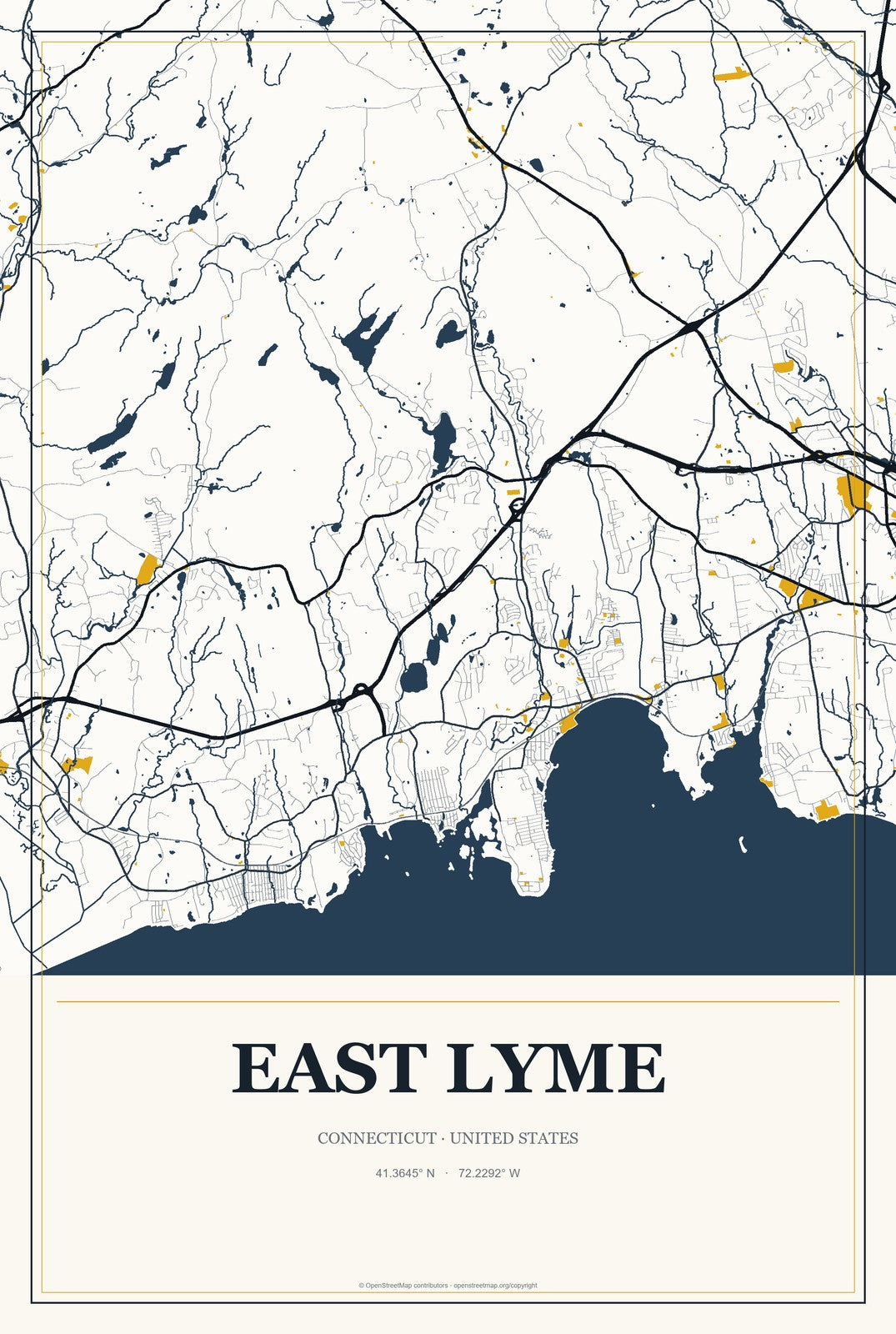 East Lyme, Connecticut City Map Aluminum Sign in Citrine Modern style