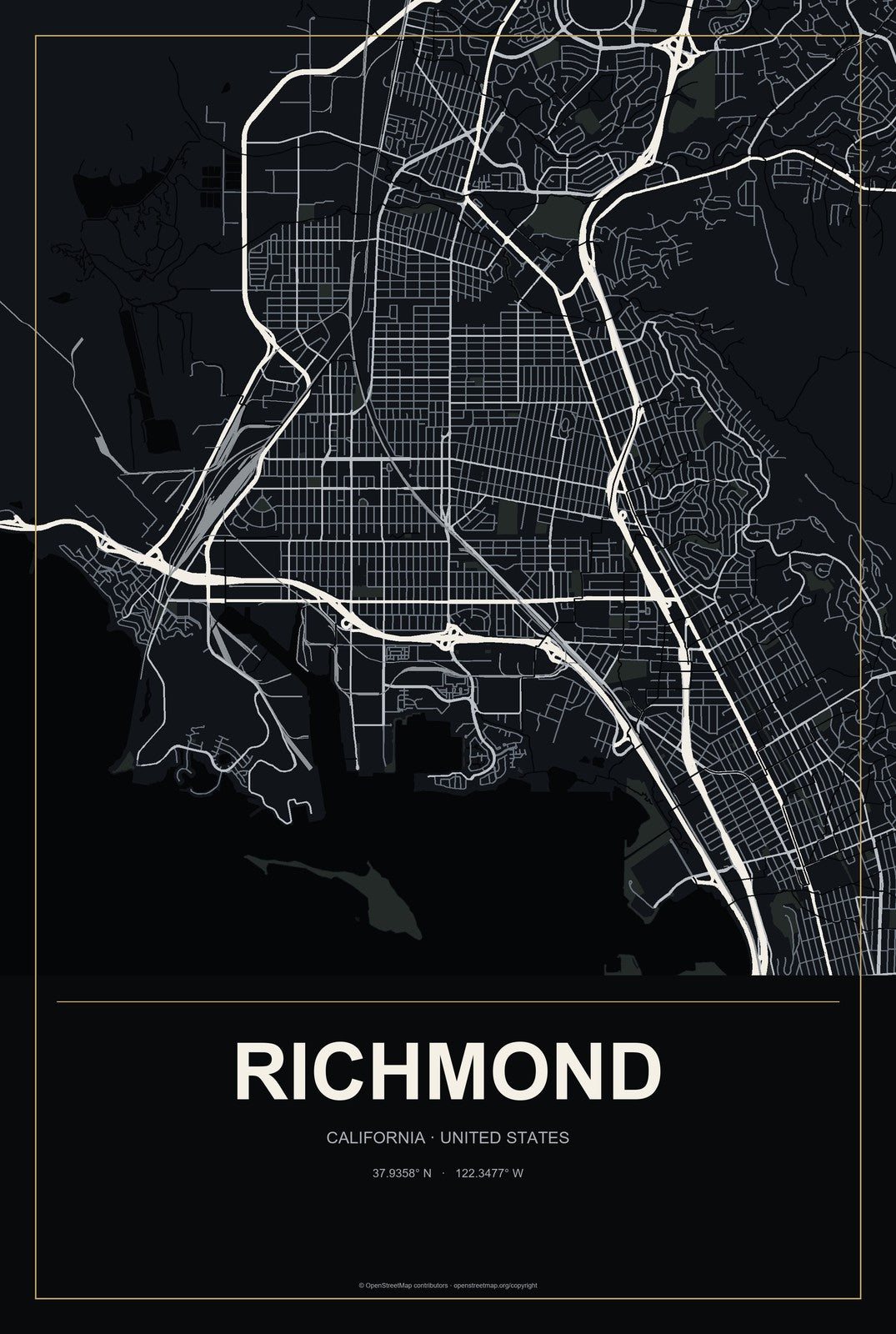 Richmond, California City Map Aluminum Sign in Metropolitan Noir style