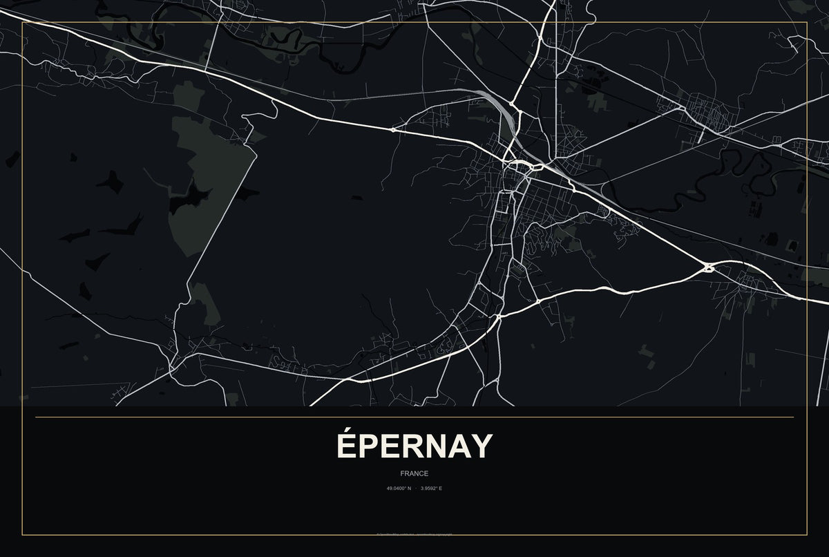 Épernay, France City Map Aluminum Sign in Metropolitan Noir style