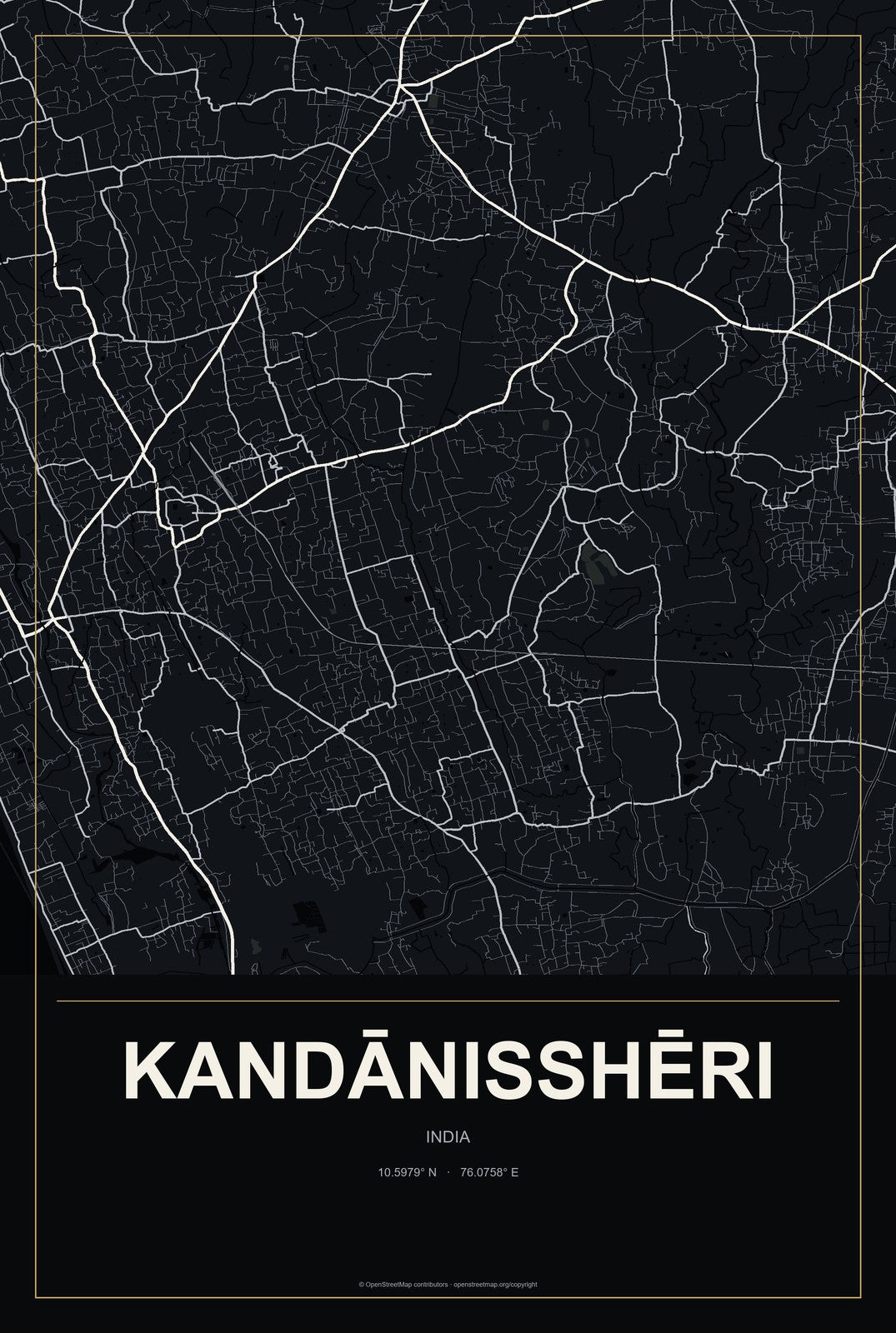Kandānisshēri, India City Map Aluminum Sign in Metropolitan Noir style